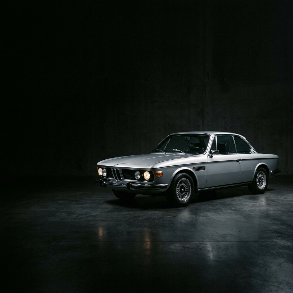 A silver classic sports coupe in a dark studio garage