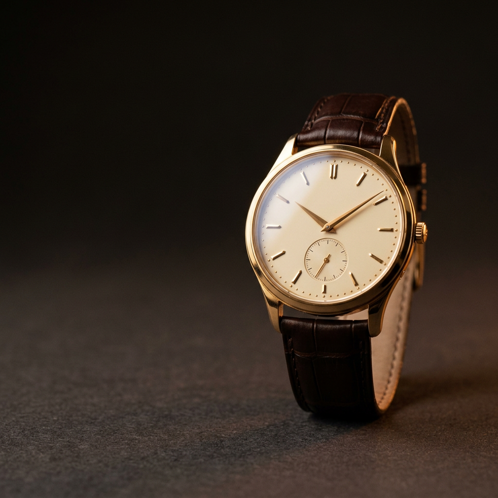 A gold dress watch with a cream dial on a dark leather strap