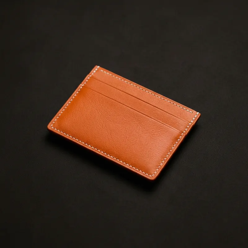 Orange leather card holder with white stitching