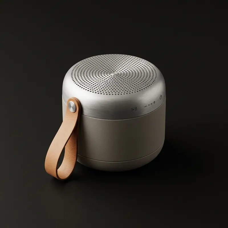 Round aluminium portable speaker with a leather strap